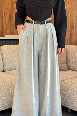 Kadın Kemerli Bel Piliseli Bol Paça Palazzo Pantolon