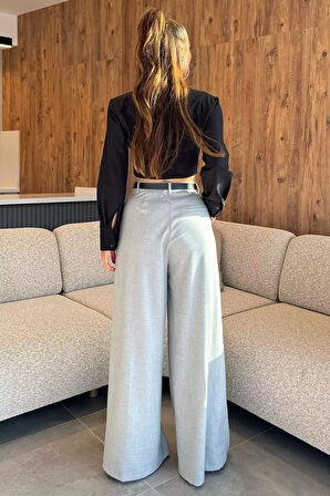 Kadın Kemerli Bel Piliseli Bol Paça Palazzo Pantolon