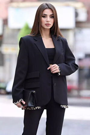 Kadın Astarlı Leopar Detaylı Oversize Blazer Ceket