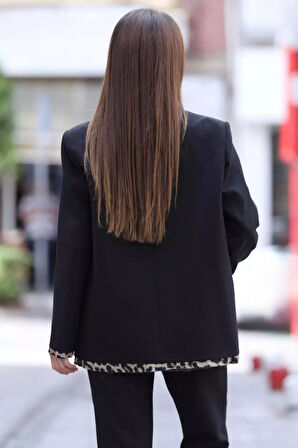 Kadın Astarlı Leopar Detaylı Oversize Blazer Ceket
