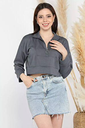 Oysho Kumaş Fermuar Detaylı Kadın Crop Top Sweatshirt