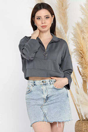 Oysho Kumaş Fermuar Detaylı Kadın Crop Top Sweatshirt