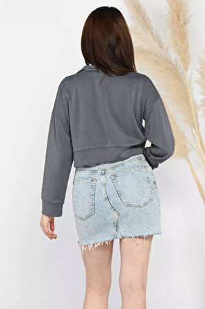 Oysho Kumaş Fermuar Detaylı Kadın Crop Top Sweatshirt