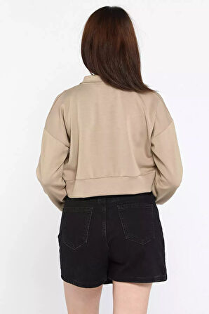 Oysho Kumaş Fermuar Detaylı Kadın Crop Top Sweatshirt