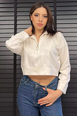 Oysho Kumaş Fermuar Detaylı Kadın Crop Top Sweatshirt