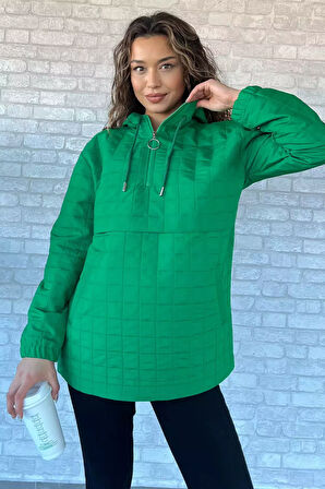 Kapüşonlu Yarım Fermuarlı Kapitoneli Mevsimlik Mont