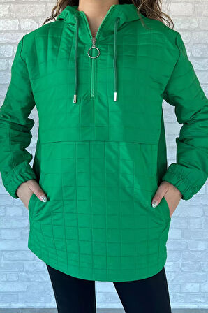 Kapüşonlu Yarım Fermuarlı Kapitoneli Mevsimlik Mont