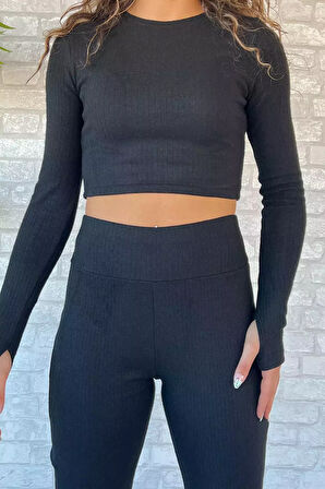 İspanyol Paça Pantolon Crop Top Bluz Yün Kaşkorse İkili Takım