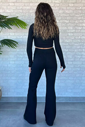 İspanyol Paça Pantolon Crop Top Bluz Yün Kaşkorse İkili Takım