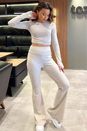 İspanyol Paça Pantolon Crop Top Bluz Yün Kaşkorse İkili Takım