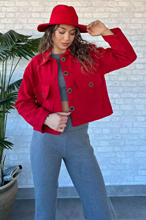 Çift Cepli Crop Top Kaşe Mont