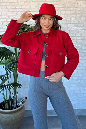Çift Cepli Crop Top Kaşe Mont