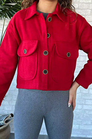 Çift Cepli Crop Top Kaşe Mont