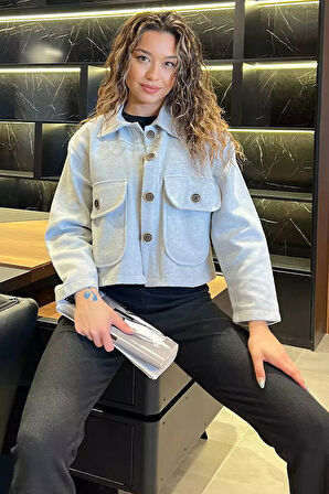 Çift Cepli Crop Top Kaşe Mont