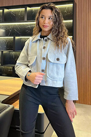 Çift Cepli Crop Top Kaşe Mont