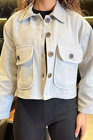 Çift Cepli Crop Top Kaşe Mont