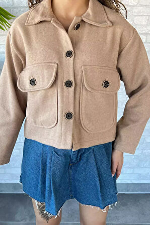 Çift Cepli Crop Top Kaşe Mont