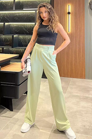 Kadın Yüksek Bel Cırtlı Bol Paça Palazzo Pantolon