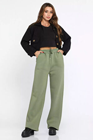 Kadın Bel Bağcıklı Üç İplik Şardonlu Bol Paça Palazzo Alt Eşofman