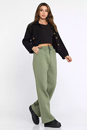 Kadın Bel Bağcıklı Üç İplik Şardonlu Bol Paça Palazzo Alt Eşofman