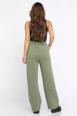 Kadın Bel Bağcıklı Üç İplik Şardonlu Bol Paça Palazzo Alt Eşofman