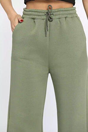 Kadın Bel Bağcıklı Üç İplik Şardonlu Bol Paça Palazzo Alt Eşofman