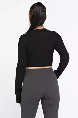 Kadın Bisiklet Yaka Kolu Pencereli Kaşkorse Crop Top Bluz