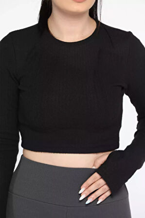 Kadın Bisiklet Yaka Kolu Pencereli Kaşkorse Crop Top Bluz