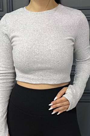 Kadın Bisiklet Yaka Kolu Pencereli Kaşkorse Crop Top Bluz