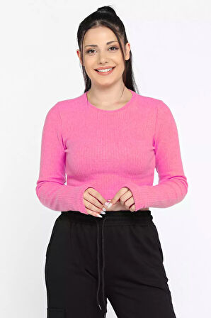 Kadın Bisiklet Yaka Kolu Pencereli Kaşkorse Crop Top Bluz