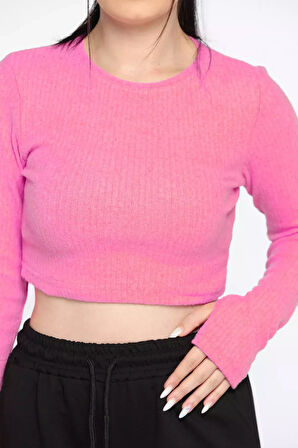 Kadın Bisiklet Yaka Kolu Pencereli Kaşkorse Crop Top Bluz