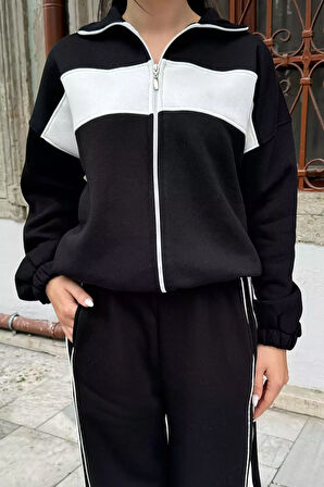 Üç İplik Şardonlu Renk Garnili Palazzo Eşofman Takımı
