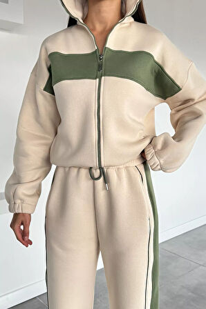 Üç İplik Şardonlu Renk Garnili Palazzo Eşofman Takımı