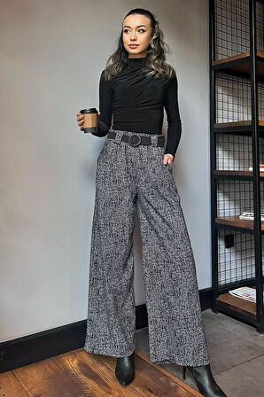 Kadın Kışlık Karyağdı Desenli Pile Detaylı Kemerli Palazzo Pantolon