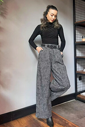 Kadın Kışlık Karyağdı Desenli Pile Detaylı Kemerli Palazzo Pantolon