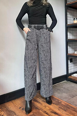 Kadın Kışlık Karyağdı Desenli Pile Detaylı Kemerli Palazzo Pantolon