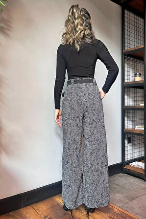Kadın Kışlık Karyağdı Desenli Pile Detaylı Kemerli Palazzo Pantolon
