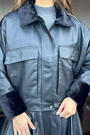 İçi Kürklü Cep Kapaklı Suni Deri Kadın Ceket