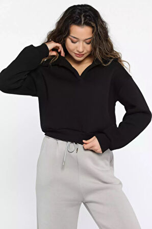 Polo Yaka Şardonlu Kadın Sweatshirt