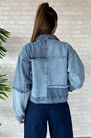 Çift Cepli Püskül Detaylı Kadın Jean Kot Ceket