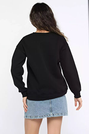 Kadın Bisiklet Yaka Kalp Nakışlı Şardonlu Sweatshirt