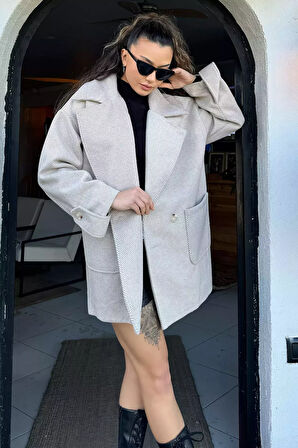 Kadın Astarlı Balıksırtı Oversize Kaşe Kaban