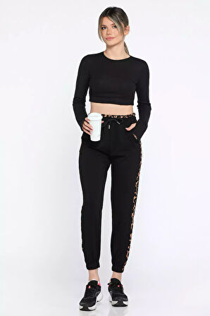 Kadın Leopar Garnili Paça Lastikli Pantolon