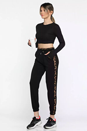 Kadın Leopar Garnili Paça Lastikli Pantolon