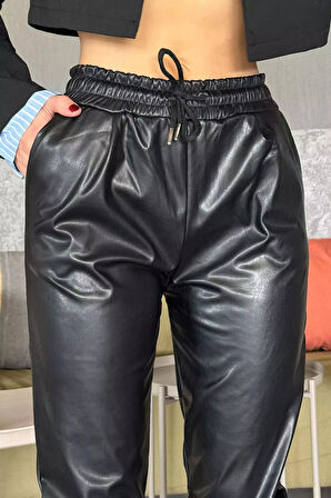 Kadın Yüksek Bel İçi Şardonlu Suni Deri Pantolon