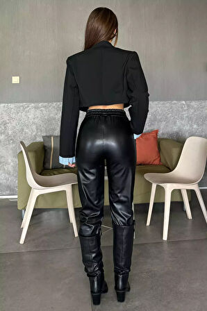 Kadın Yüksek Bel İçi Şardonlu Suni Deri Pantolon