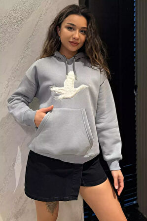 Kadın Kuş Nakışlı Kapüşonlu Şardonlu Sweatshirt