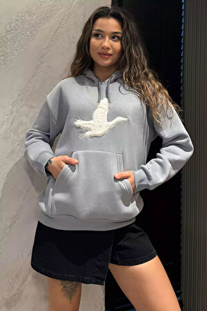Kadın Kuş Nakışlı Kapüşonlu Şardonlu Sweatshirt