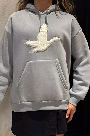 Kadın Kuş Nakışlı Kapüşonlu Şardonlu Sweatshirt