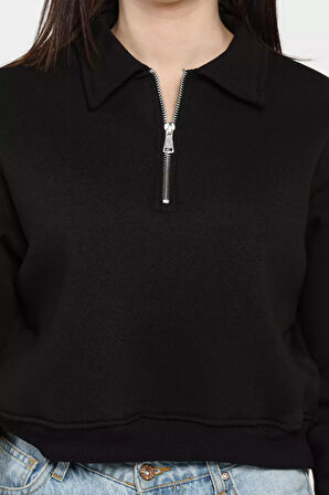 Polo Yaka Yarım Fermuarlı Üç İplik Şardonlu Sweatshirt
